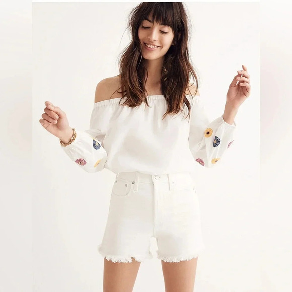 Madewell Embroidered Off-the-Shoulder White Top Floral Boho Crop Relaxed Fit - Picture 2 of 11